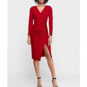 Express | Red Long Sleeved Ruched VNeck Bodycon Mini Dress with a Split | medium